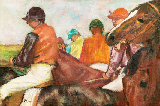 A framed painting featuring jockeys in vibrant riding outfits, mounted on a wall.