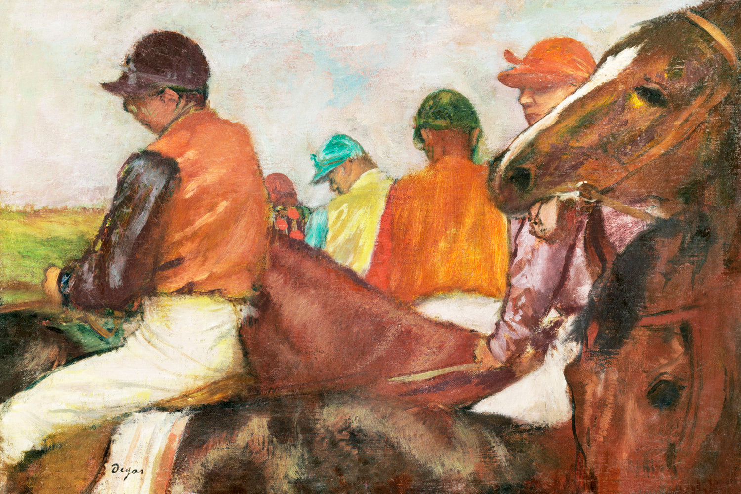 A framed painting featuring jockeys in vibrant riding outfits, mounted on a wall.