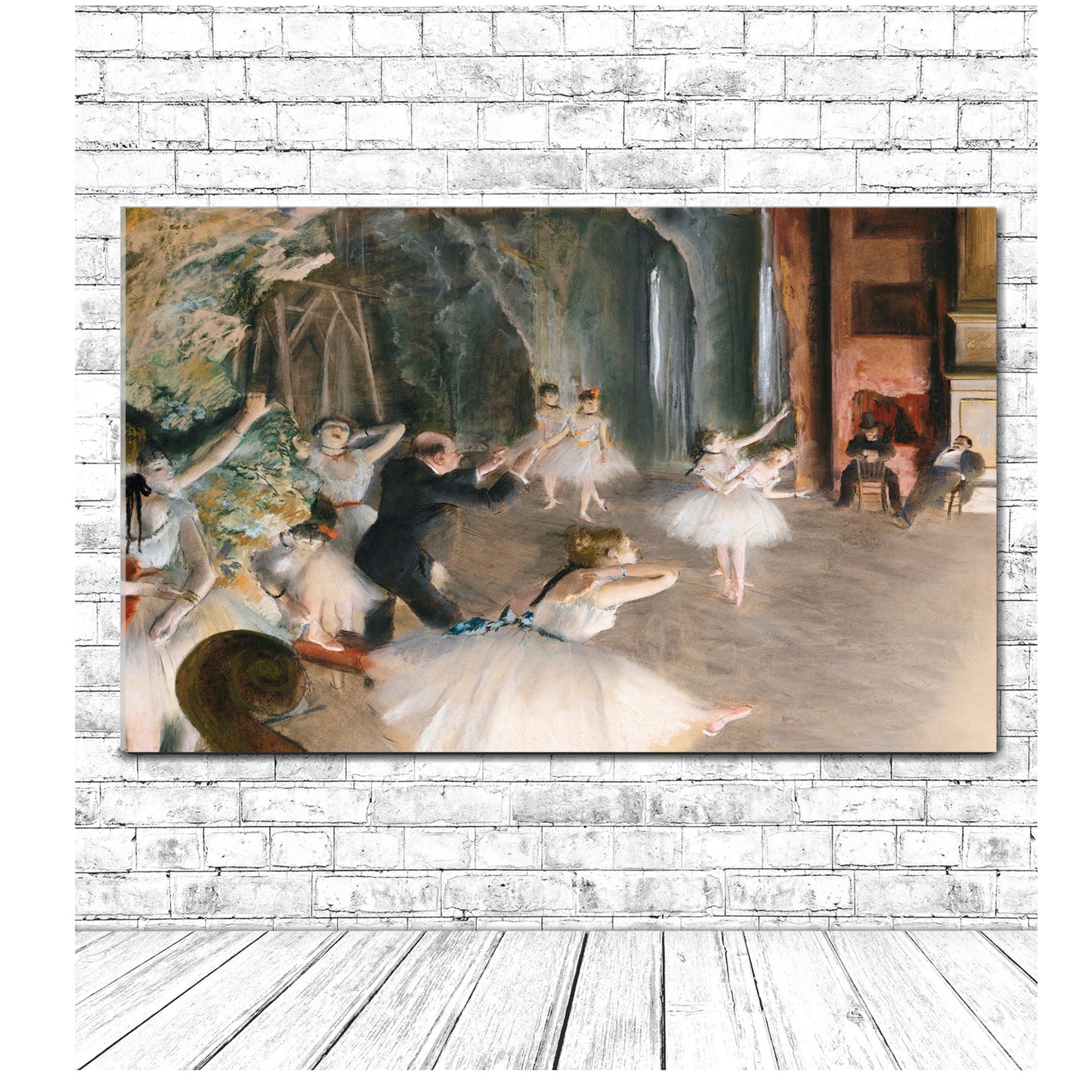 A framed print of 'The Rehearsal Onstage (1874)' by Edgar Degas, depicting a scene with several ballet dancers in a practice room.
