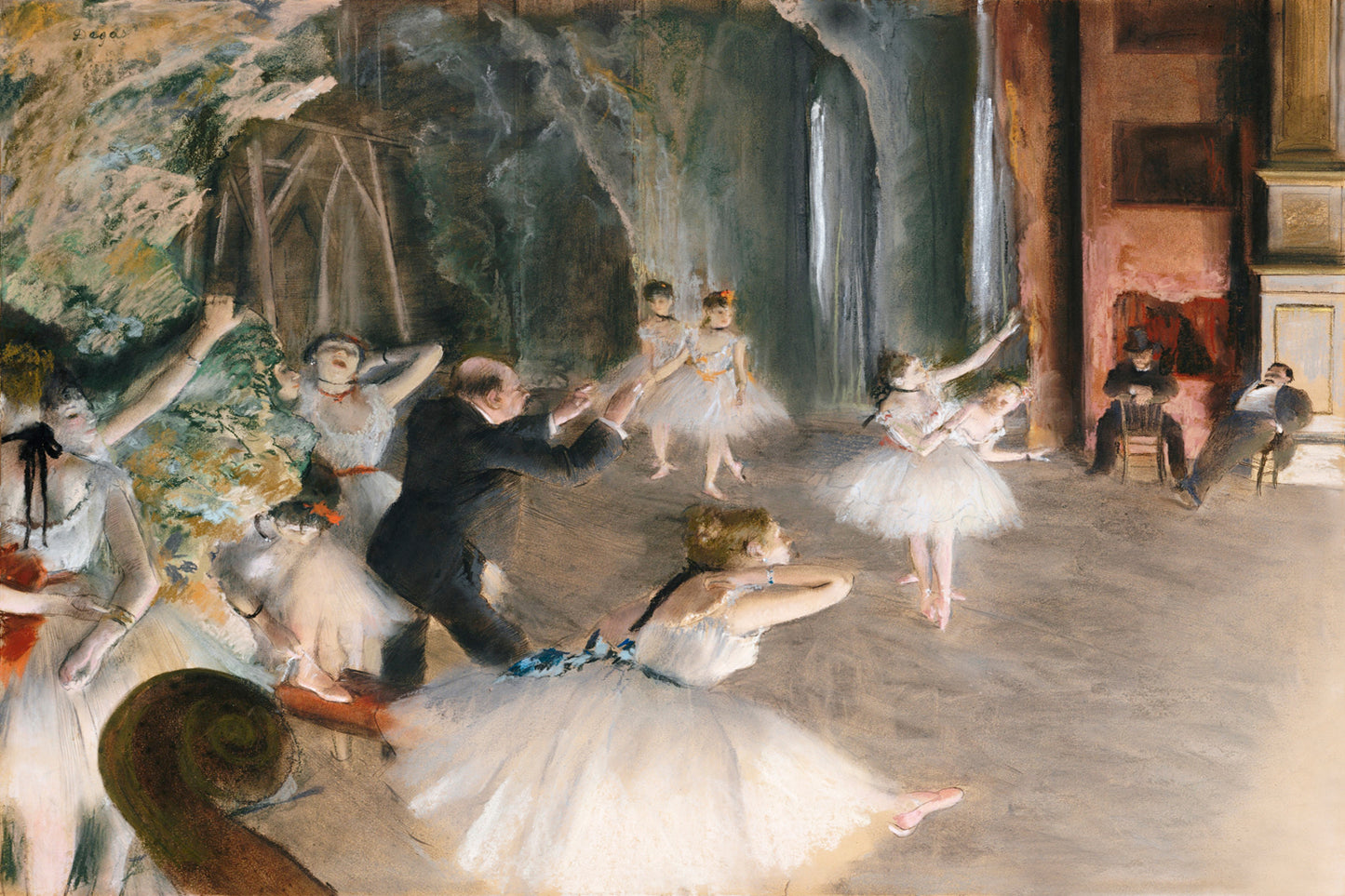 A framed print of 'The Rehearsal Onstage (1874)' by Edgar Degas, depicting a scene with several ballet dancers in a practice room.