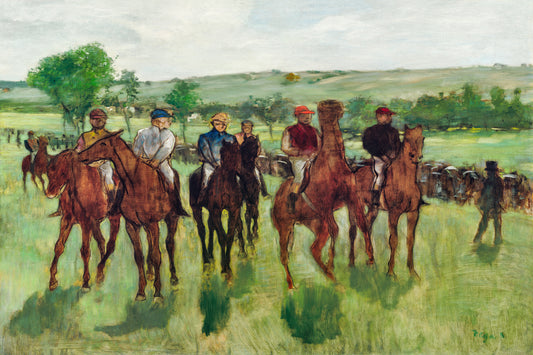 A framed print featuring 'The Races' artwork by Edgar Degas, depicting a group of mounted horsemen in a landscape.