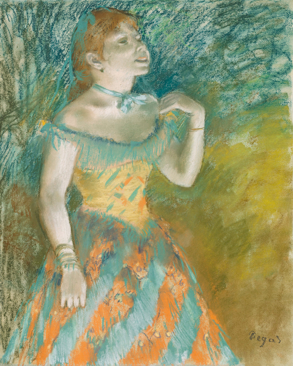 A framed print of 'The Singer in Green' by Edgar Degas, depicting a woman in an off-the-shoulder dress, with an accent color border.