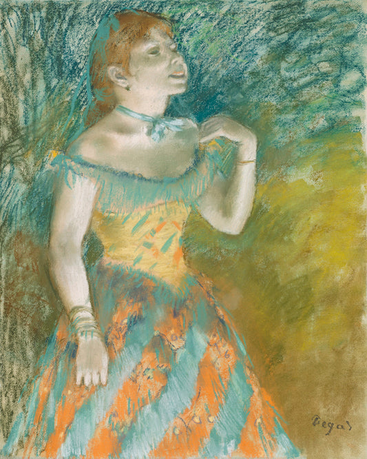 A framed print of 'The Singer in Green' by Edgar Degas, depicting a woman in an off-the-shoulder dress, with an accent color border.