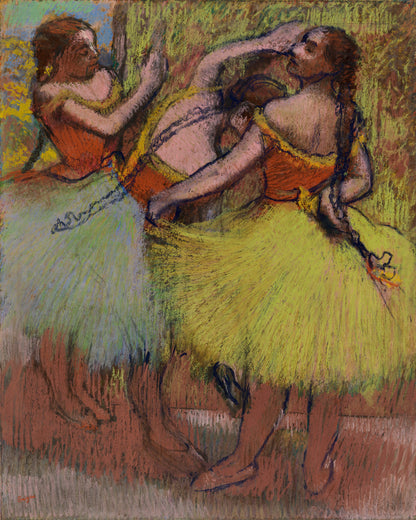 A printed art piece featuring three dancers with an emphasis on the yellow color, their hair styled in braids, set against a muted background.