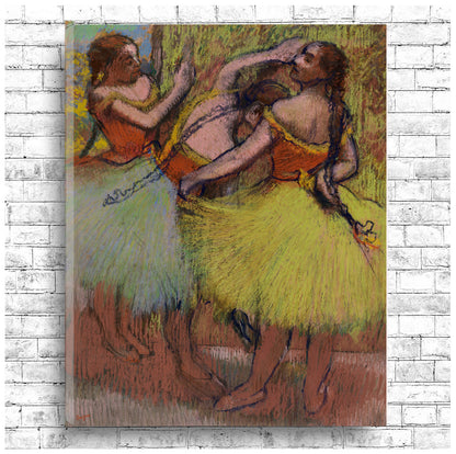 A printed art piece featuring three dancers with an emphasis on the yellow color, their hair styled in braids, set against a muted background.