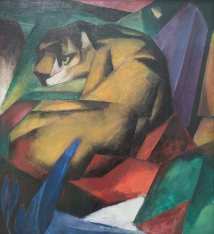 A vibrant, abstract painting of a tiger depicted in geometric forms with a mix of yellow, gold, orange, and green colors.