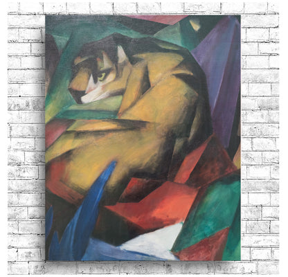 A vibrant, abstract painting of a tiger depicted in geometric forms with a mix of yellow, gold, orange, and green colors.