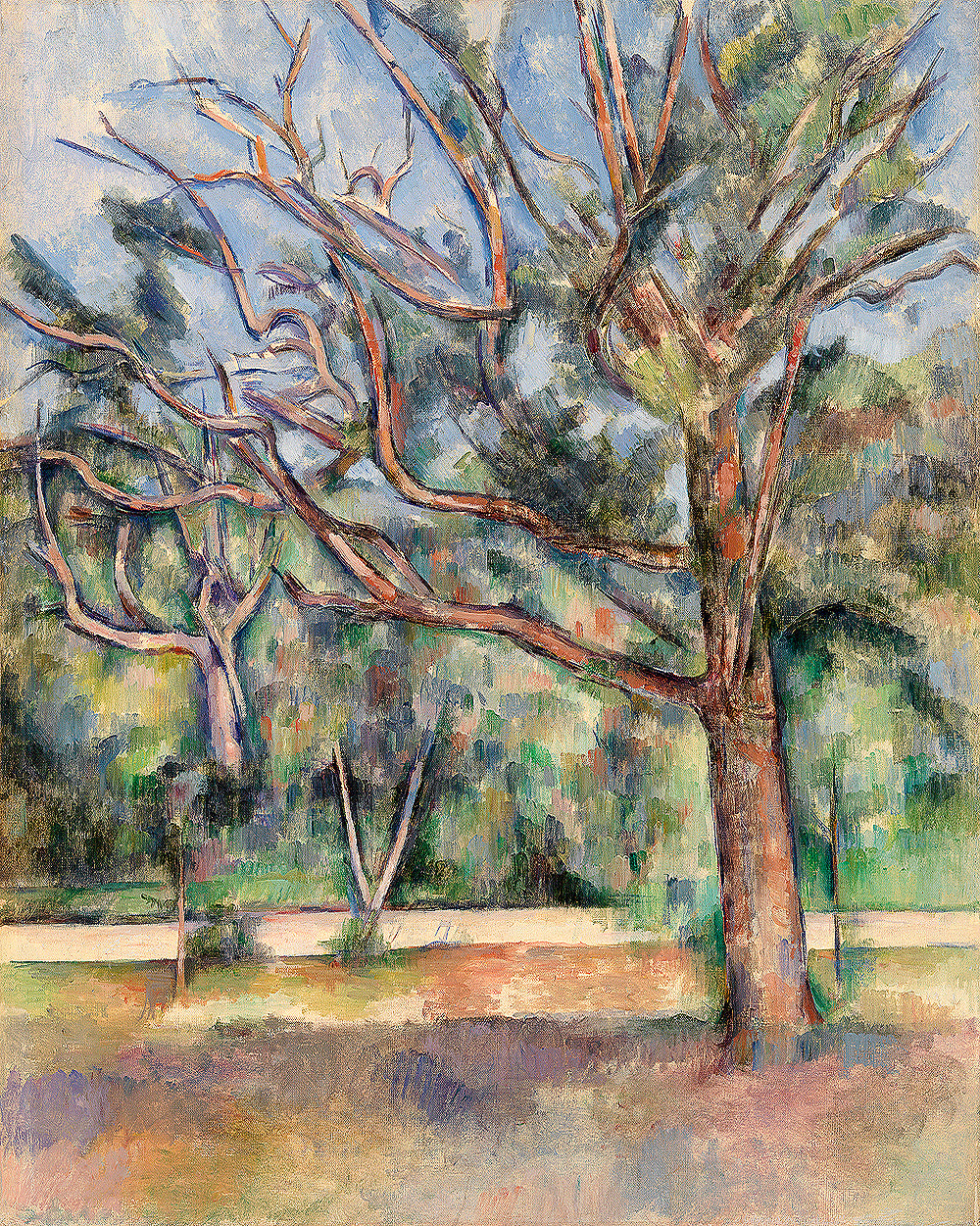 A framed print of a Paul Cezanne painting depicting trees with a clear blue sky in the background.