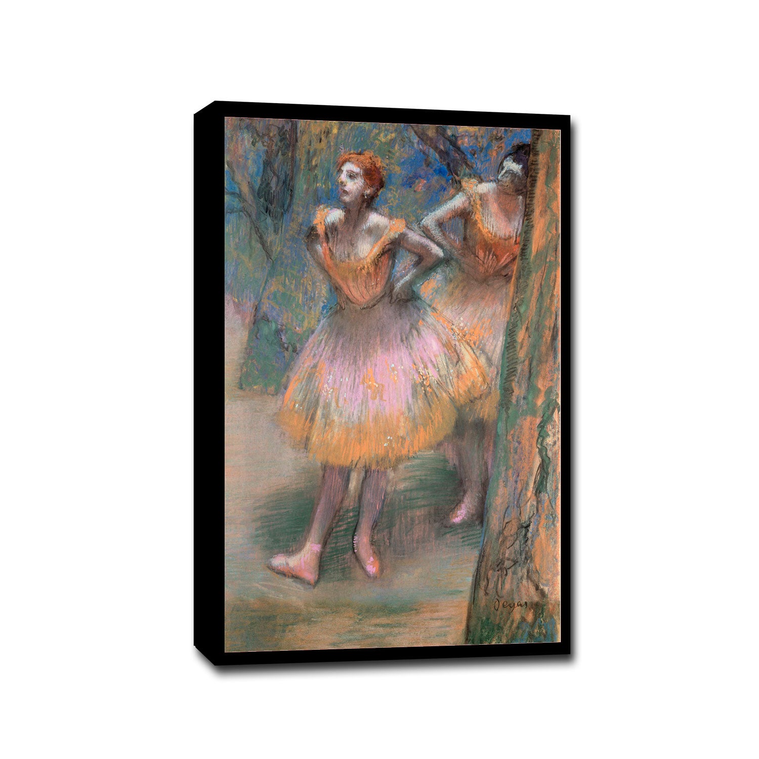 A framed print of 'Two Dancers' by Edgar Degas featuring two ballerinas in pink skirts, with a black frame.