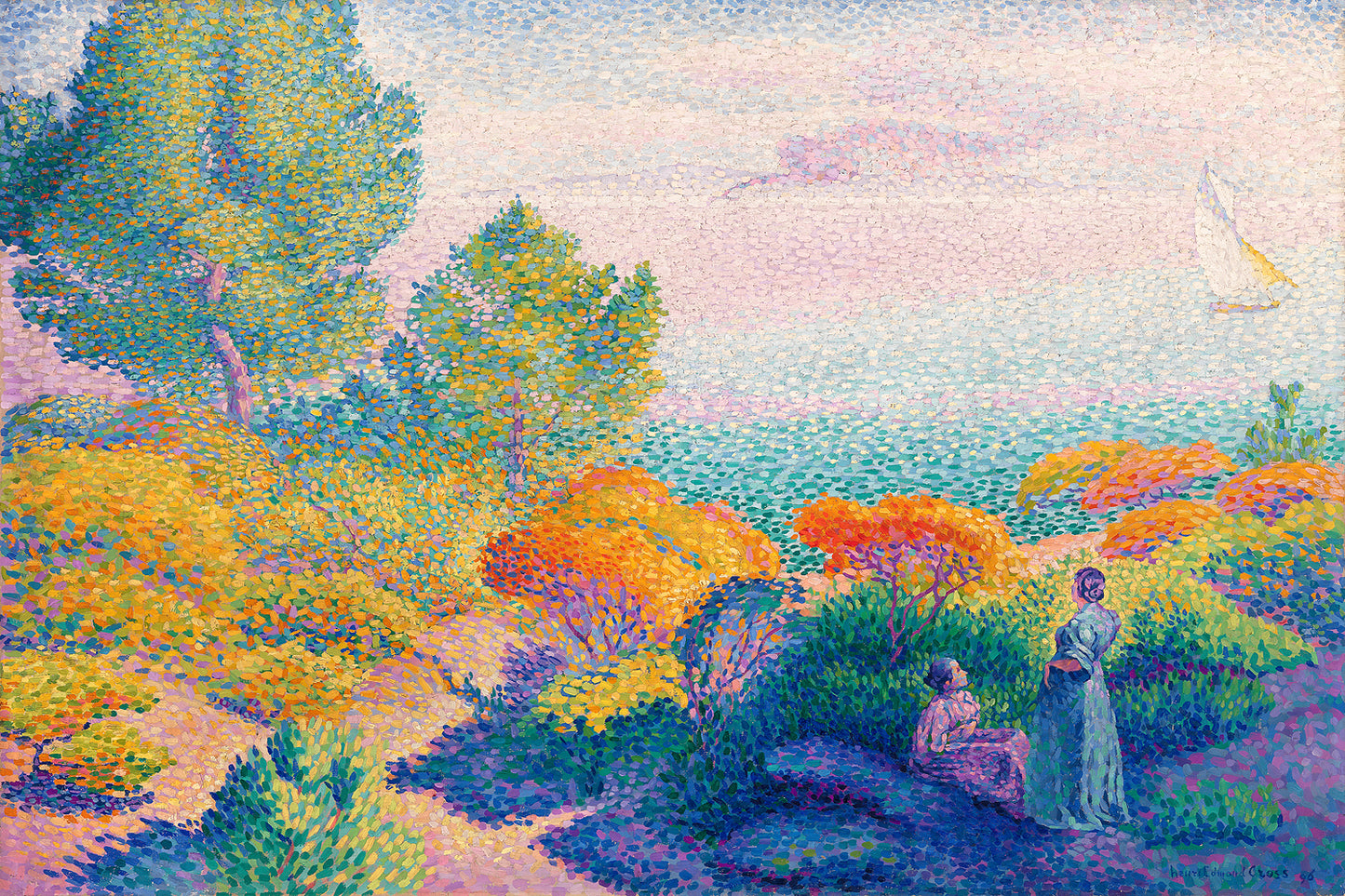 A framed print of a painting featuring two women by the shore, with vibrant colors and a scenic background.