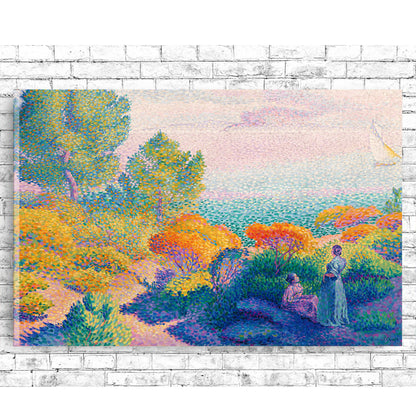 A framed print of a painting featuring two women by the shore, with vibrant colors and a scenic background.