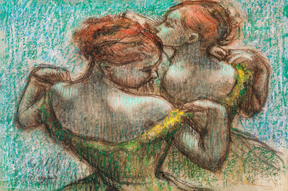 A printed art piece featuring two dancers in a half-length pose, with an accent color border around the image, set against a white background.