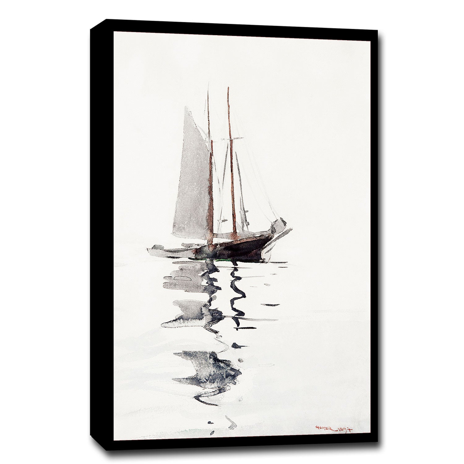 A framed print depicting a two-masted schooner with a dory on a body of water, titled 'Two–masted Schooner with Dory (1894)' by Winslow Homer.