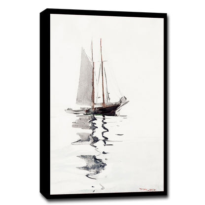 A framed print depicting a two-masted schooner with a dory on a body of water, titled 'Two–masted Schooner with Dory (1894)' by Winslow Homer.