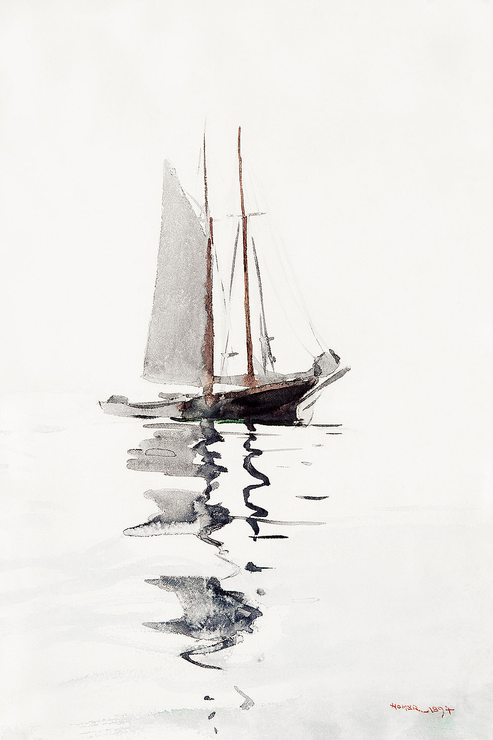 A framed print depicting a two-masted schooner with a dory on a body of water, titled 'Two–masted Schooner with Dory (1894)' by Winslow Homer.