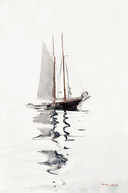 A framed print depicting a two-masted schooner with a dory on a body of water, titled 'Two–masted Schooner with Dory (1894)' by Winslow Homer.