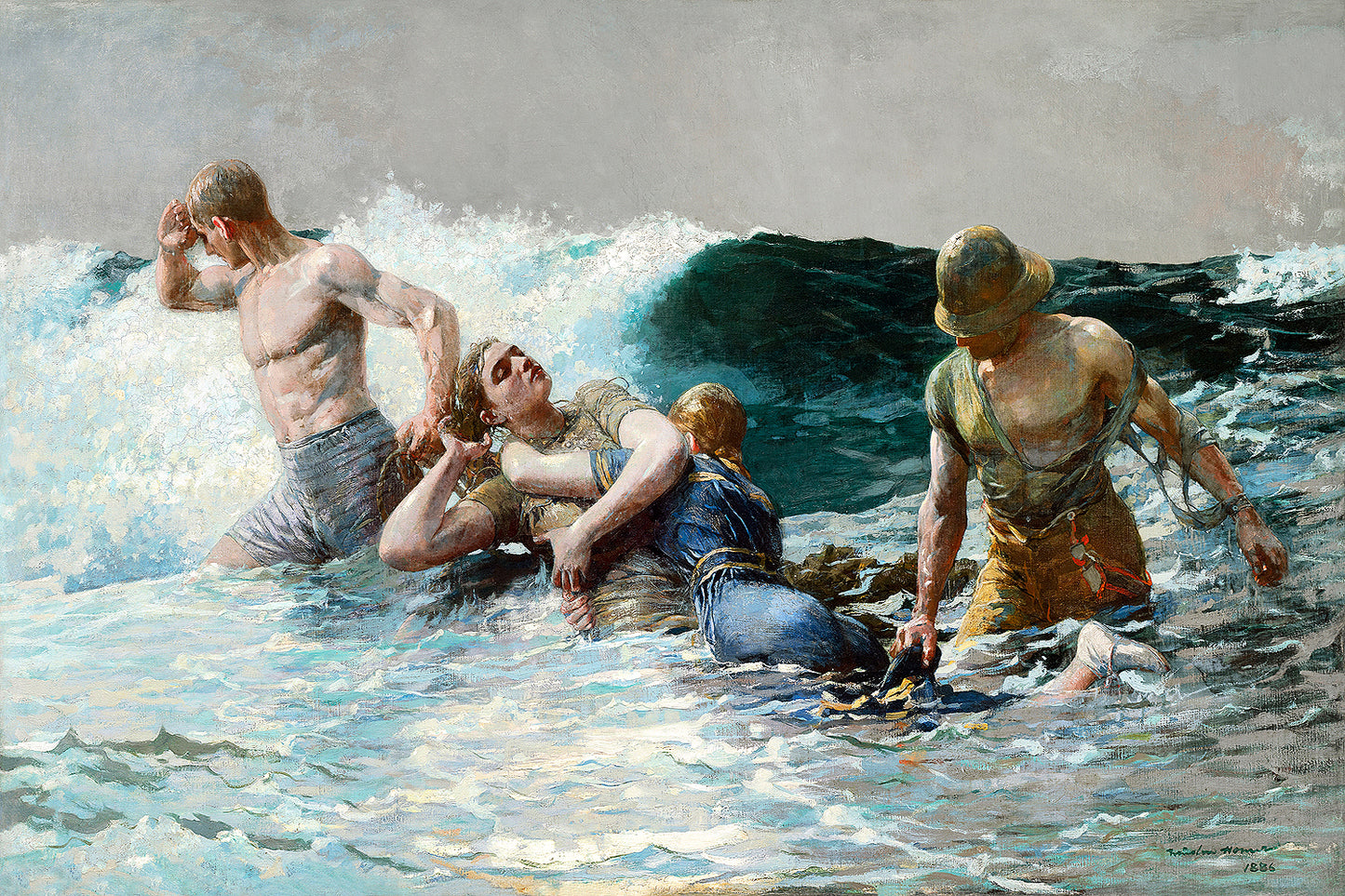 A printed art piece featuring a historical painting with figures in a oceanic setting with waves.