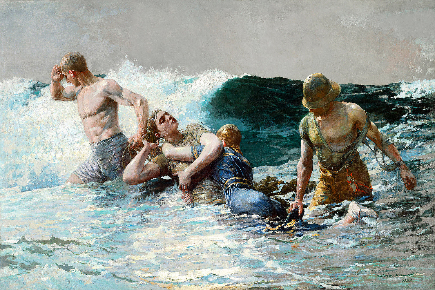 A printed art piece featuring a historical painting with figures in a oceanic setting with waves.