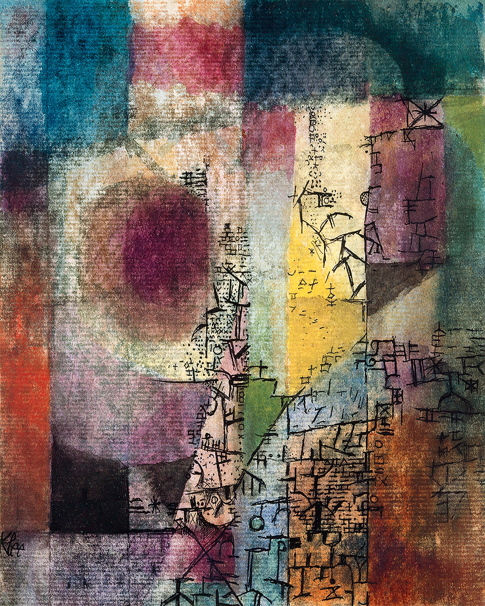 A framed print of an abstract artwork featuring geometric and organic shapes in vibrant colors.