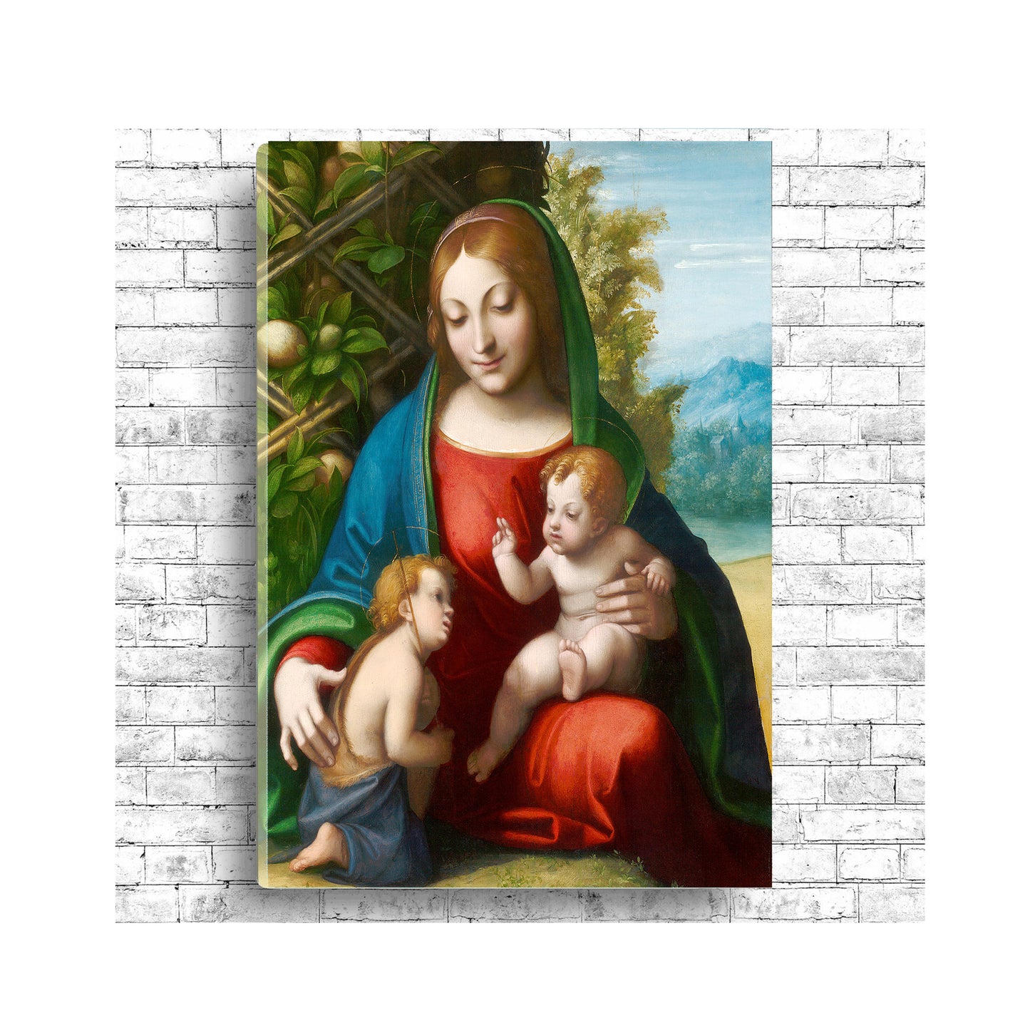 A framed print of 'Virgin and Child with the Young Saint John the Baptist' by Leonardo Di Vinci, showing the depiction of the Virgin Mary, baby Jesus, and the young Saint John the Baptist.