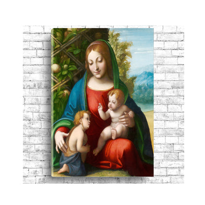 A framed print of 'Virgin and Child with the Young Saint John the Baptist' by Leonardo Di Vinci, showing the depiction of the Virgin Mary, baby Jesus, and the young Saint John the Baptist.