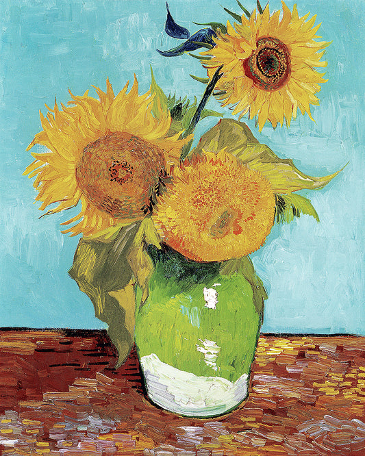 A printed artwork of three sunflowers in a vase, after Vincent Van Gogh's painting.