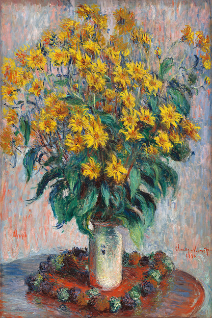 A framed print of a painting depicting a vase of yellow flowers with green leaves, signed by Claude Monet.