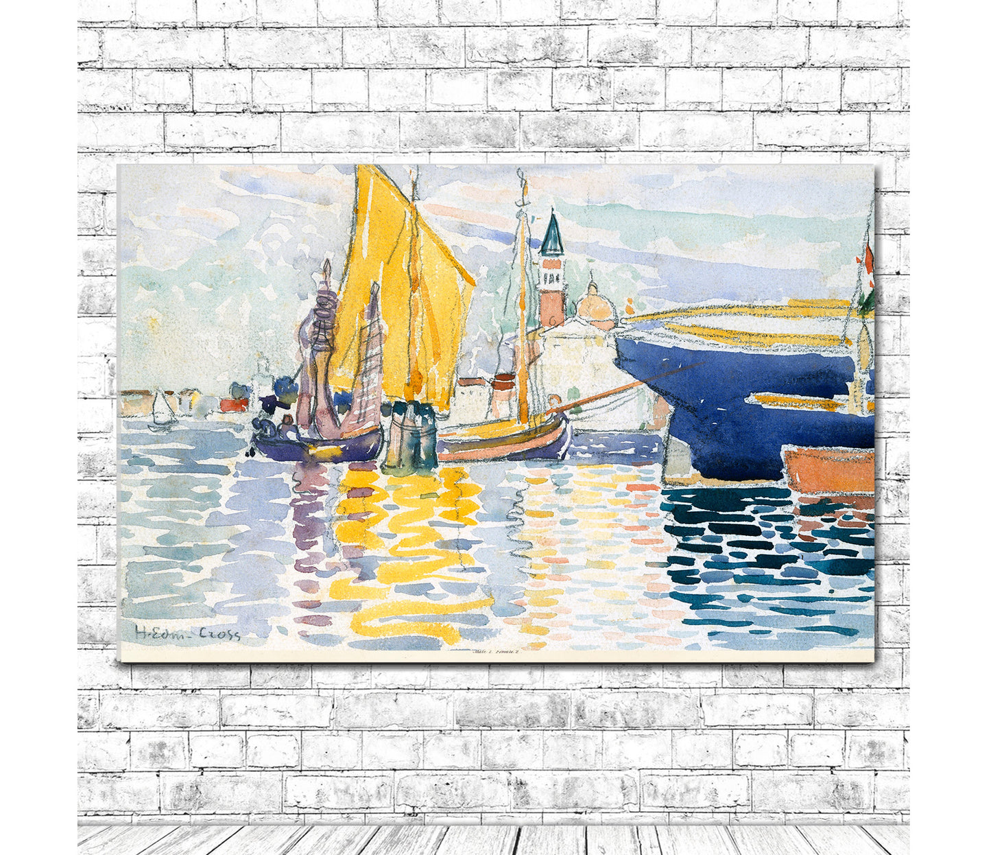 A framed art print depicting a colorful scene of boats on water, likely a representation of a city like Venice.