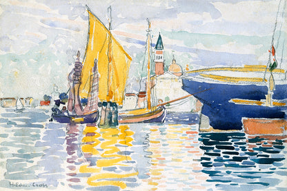 A framed art print depicting a colorful scene of boats on water, likely a representation of a city like Venice.
