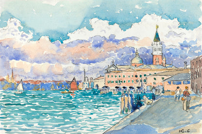 A printed art piece depicting a vibrant scene of Venice with historical buildings and a clear blue sky, framed in a black frame, displayed against a brick wall backdrop.