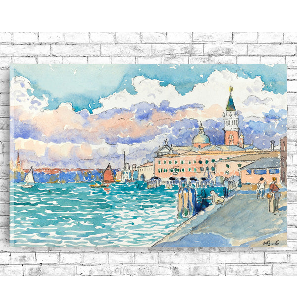 A printed art piece depicting a vibrant scene of Venice with historical buildings and a clear blue sky, framed in a black frame, displayed against a brick wall backdrop.