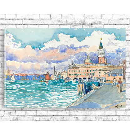 A printed art piece depicting a vibrant scene of Venice with historical buildings and a clear blue sky, framed in a black frame, displayed against a brick wall backdrop.