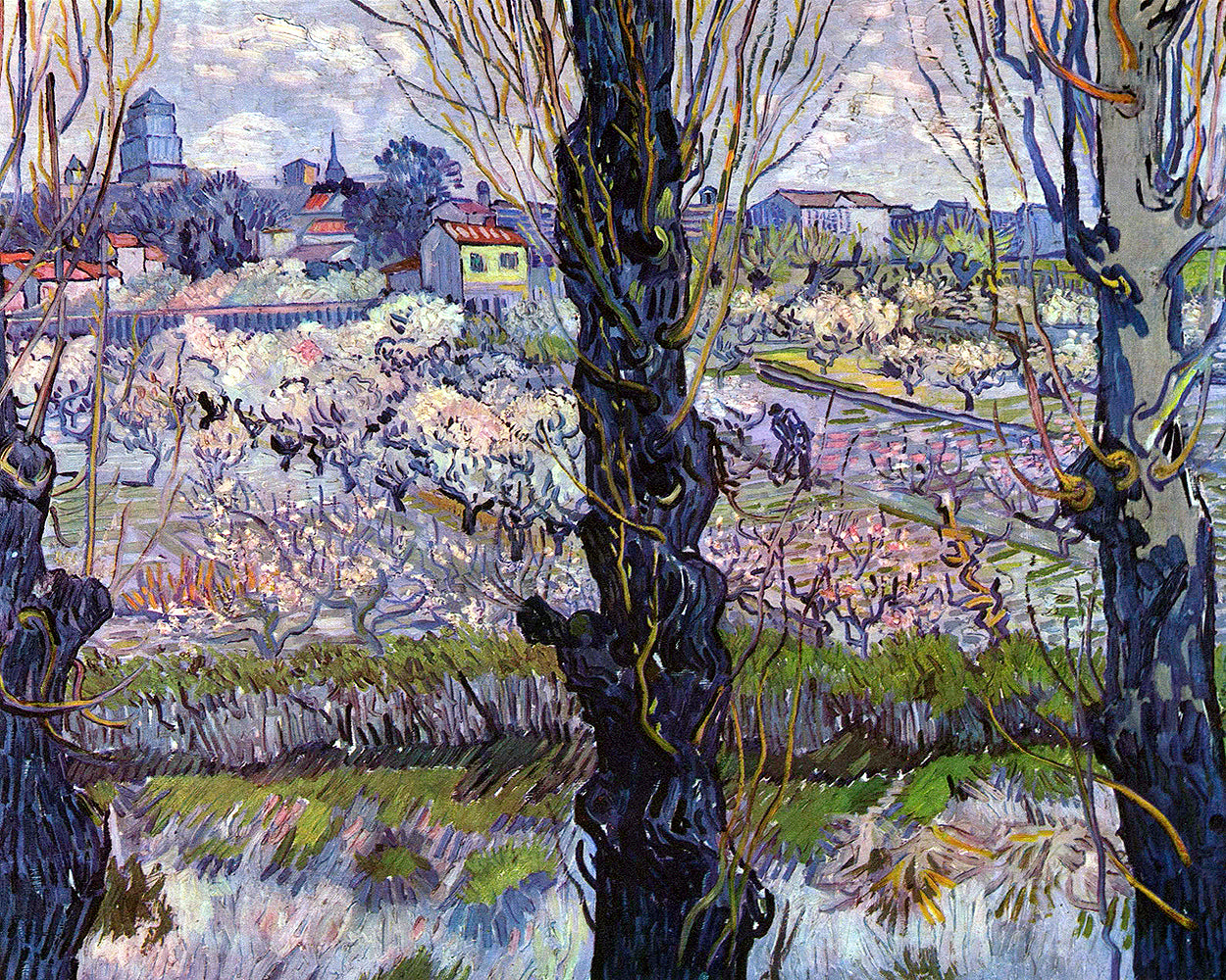 A printed art piece featuring a landscape with flowering orchards and a village in the background, stylized in the distinctive Vincent van Gogh artistic manner with bold colors and expressive brushstrokes.