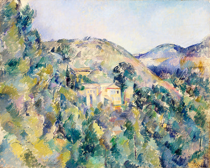 A framed print of a landscape painting featuring a view of the Domaine Saint-Joseph by Paul Cezanne, with a predominantly green, yellow, and blue color palette.