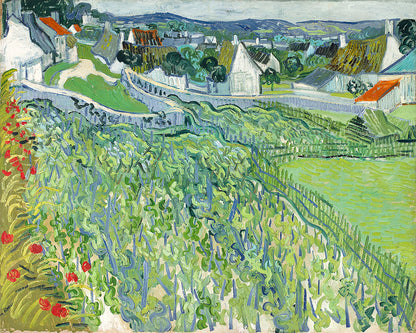 A printed art piece featuring a vibrant depiction of vineyards and rural buildings, characteristic of the post-impressionist style by artist Vincent van Gogh.