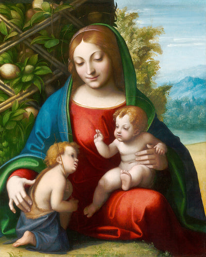 A framed print of 'Virgin and Child with the Young Saint John the Baptist' by Leonardo Di Vinci, showing the depiction of the Virgin Mary, baby Jesus, and the young Saint John the Baptist.