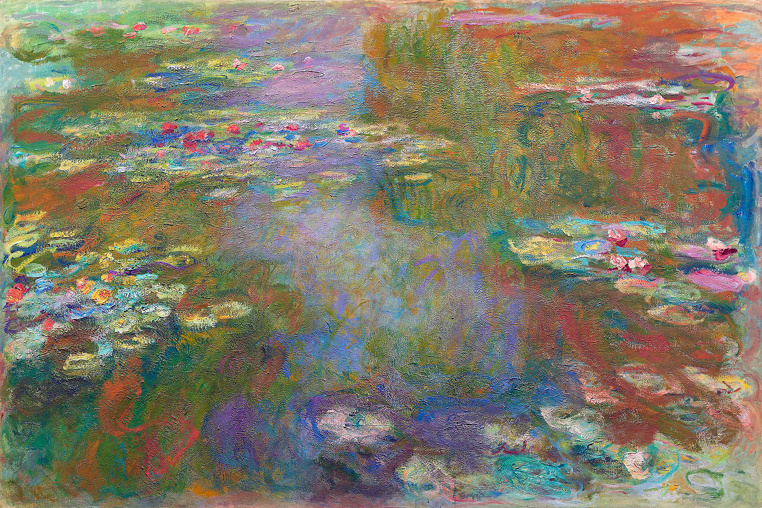A printed art piece featuring a colorful representation of a water-lily pond, with a visible black border around the image.