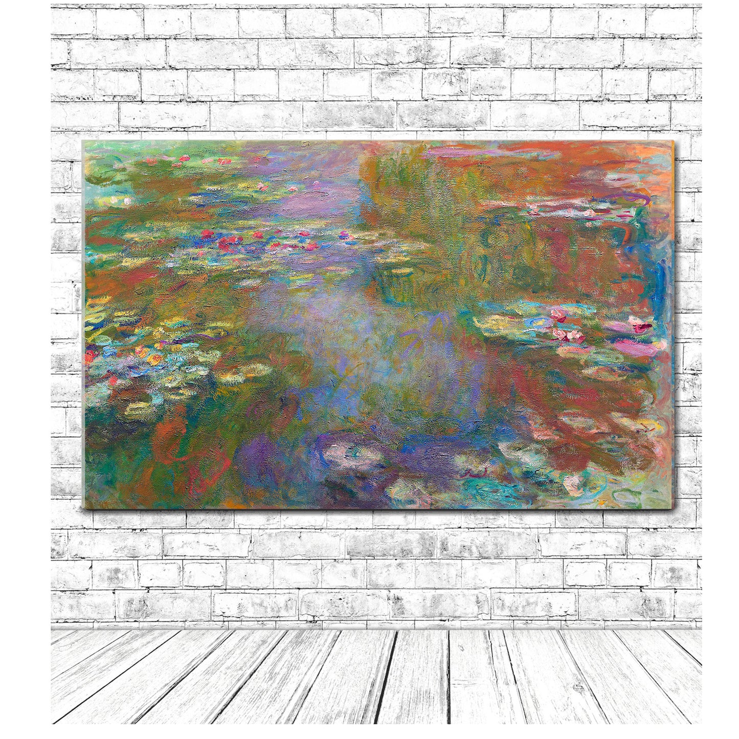A printed art piece featuring a colorful representation of a water-lily pond, with a visible black border around the image.