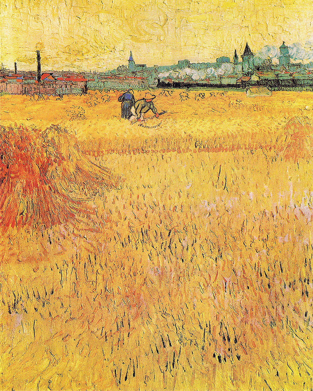 A printed art piece featuring a wheat field with cypresses, displaying vibrant yellow and gold tones, bordered by a darker frame.