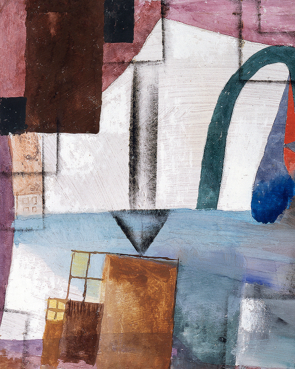 A framed print of an abstract artwork featuring geometric shapes in various colors, with a black border and white mount.