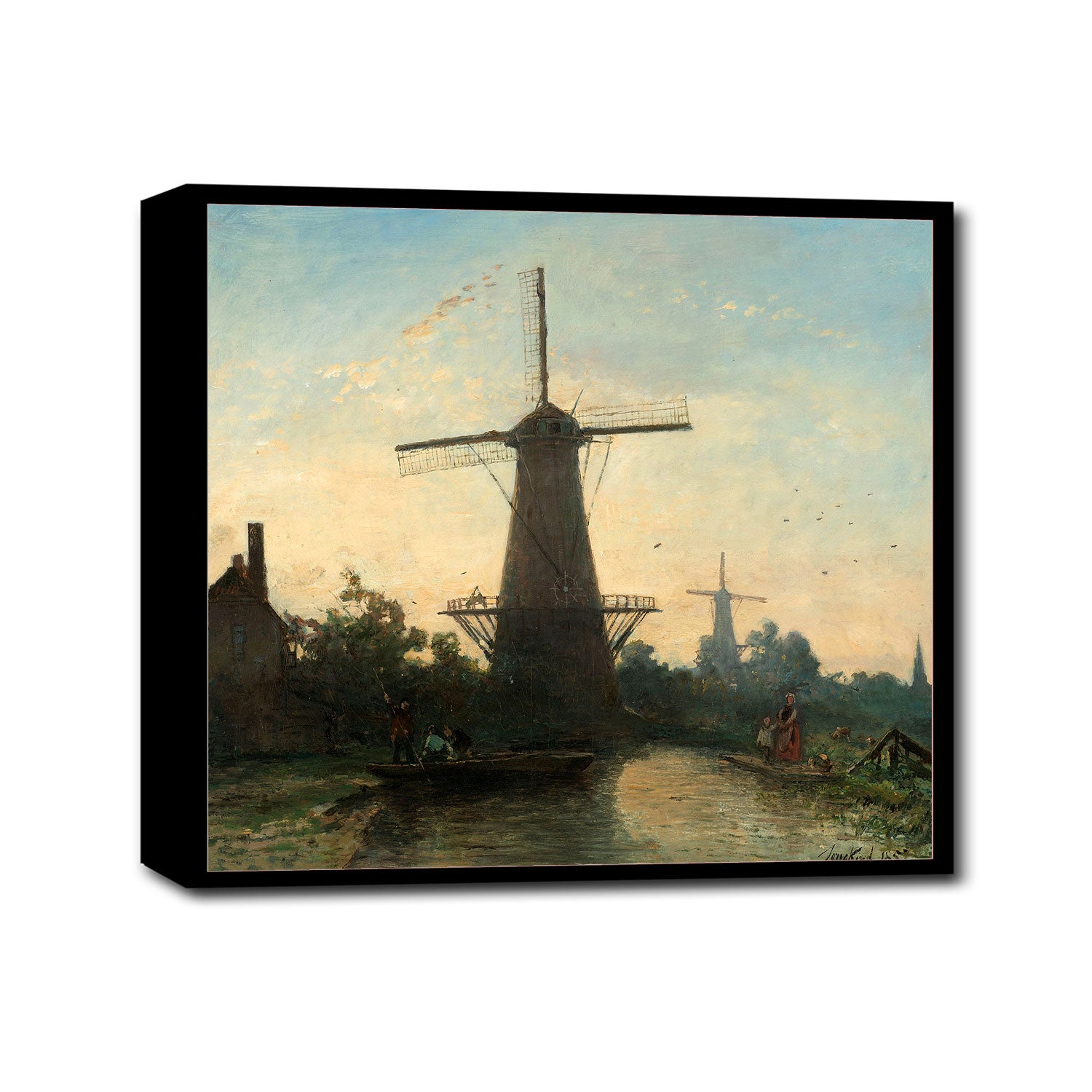 A framed print of a painting depicting windmills near Rotterdam, with a boat on a canal in the foreground and buildings and a clear sky in the background.