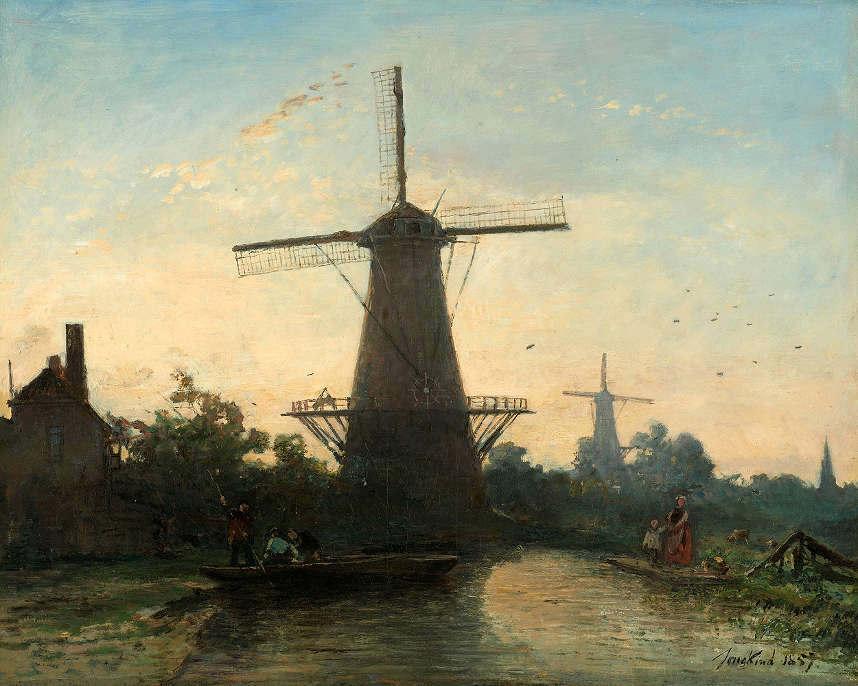 A framed print of a painting depicting windmills near Rotterdam, with a boat on a canal in the foreground and buildings and a clear sky in the background.