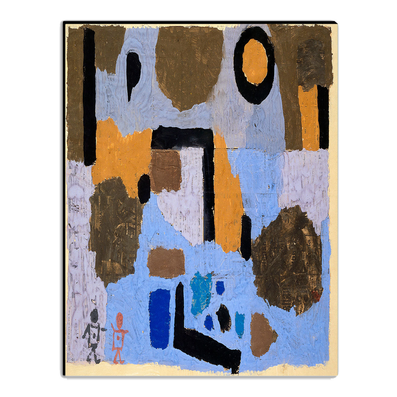 A framed artwork featuring abstract geometric patterns with a figure at the bottom
