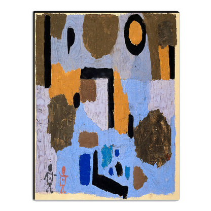 A framed artwork featuring abstract geometric patterns with a figure at the bottom