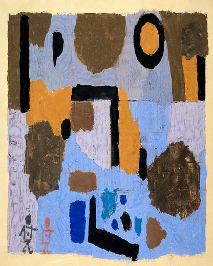 A framed artwork featuring abstract geometric patterns with a figure at the bottom