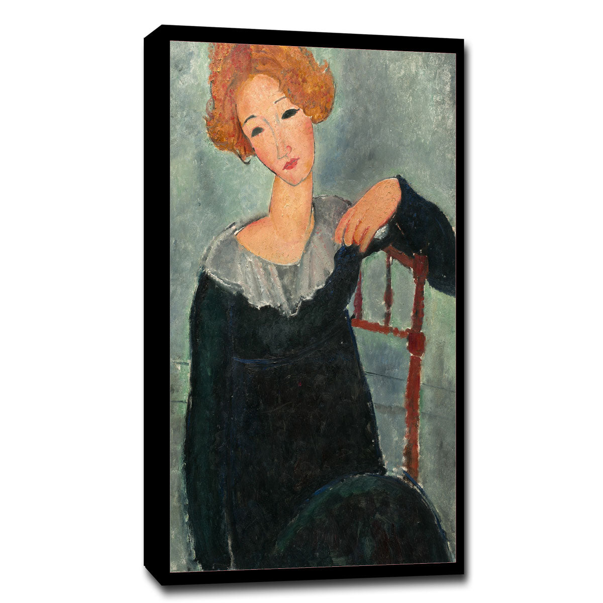 A framed painting of a woman with red hair, seated and wearing a black dress with a grey collar, against a plain background.