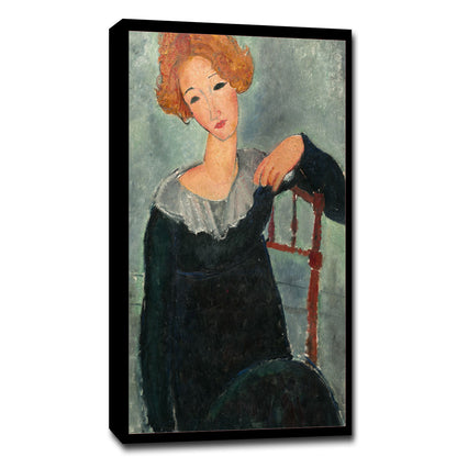 A framed painting of a woman with red hair, seated and wearing a black dress with a grey collar, against a plain background.