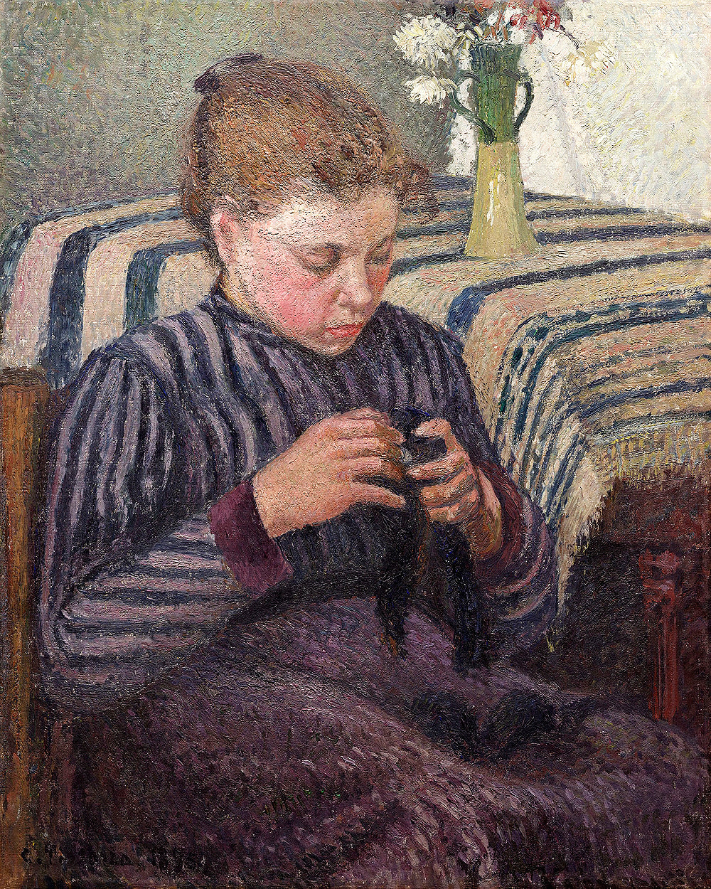 Woman-Mending-(1895) by Camile Pissarro - Buy Print Only or Mounted with Choice of Accent Color