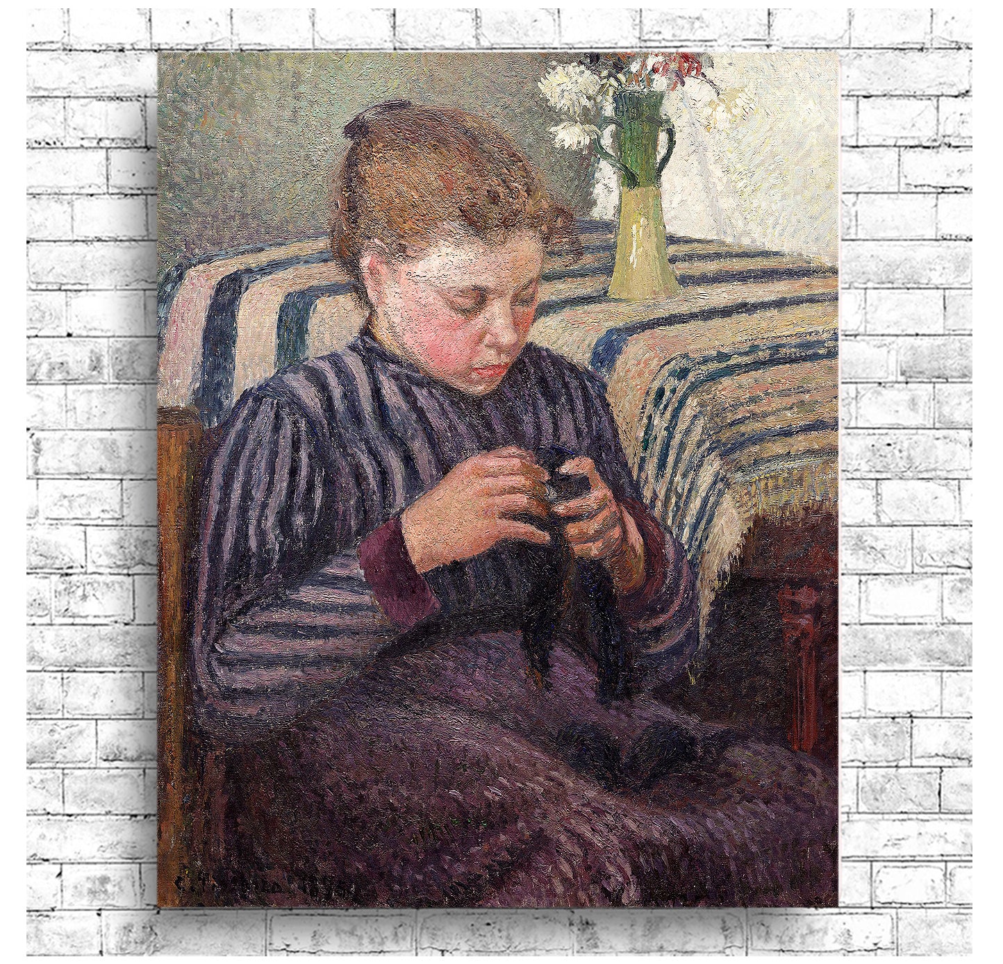 Woman-Mending-(1895) by Camile Pissarro - Buy Print Only or Mounted with Choice of Accent Color