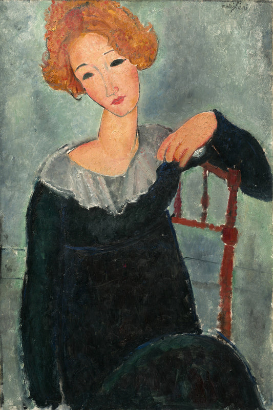 A framed painting of a woman with red hair, seated and wearing a black dress with a grey collar, against a plain background.